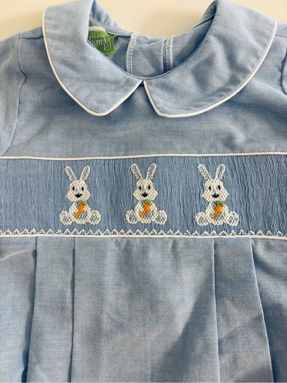 Classic Whimsy - Light Blue Baby One-Piece Romper with Bunny Smock